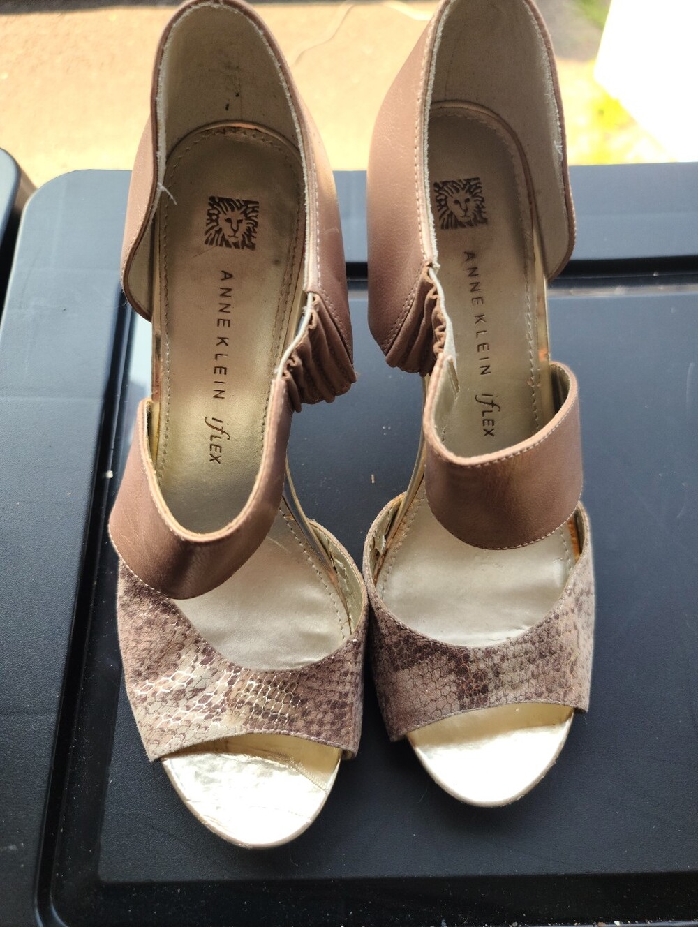 Anne Klein Brown Snake-Print Open-Toe Ankle Strap Heels